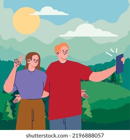 pareja tomándose un selfie en el campo. Ilustración 3D