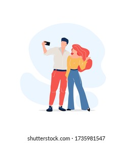 Couple taking selfie flat color vector faceless characters. Male and female fashion models. Pair posing for photo isolated cartoon illustration for web graphic design and animation