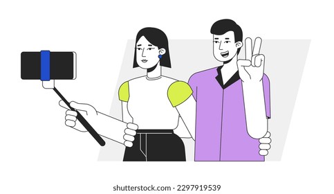 Couple taking selfie flat line vector spot illustration. Happy girl, guy showing peace sign on camera 2D cartoon outline characters on white for web UI design. Editable isolated colorful hero image