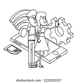 Couple taking a selfie isometric concept in black and white