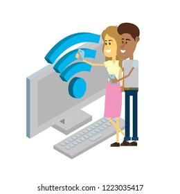 Couple taking a selfie isometric concept