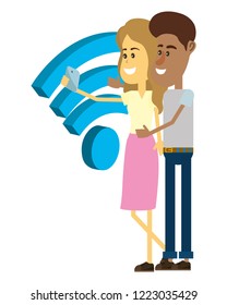 Couple taking a selfie isometric concept