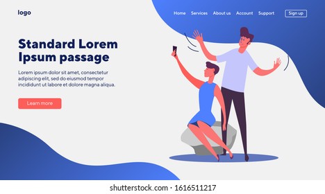 Couple taking selfie. Man and woman posing for smartphone camera flat vector illustration. Photography, relationship, dating concept for banner, website design or landing web page