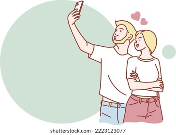 Couple taking selfie from mobile camera. Vector character cartoons.