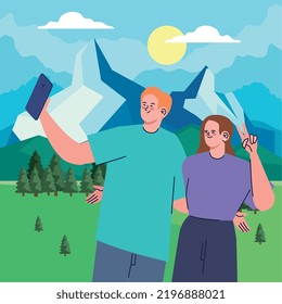 couple taking a selfie in the mountain. 3D Illustration