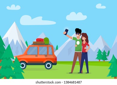 Couple Taking Selfie on Background Mountains. Couple Love Embraces and Makes Selfie. Man and Woman go by Car through Forest, Stopped to Make Nature against Background Snowy Mountains.