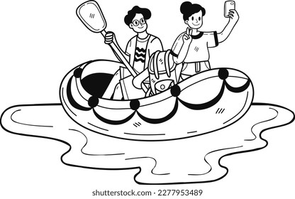 couple taking selfie on boat illustration in doodle style isolated on background
