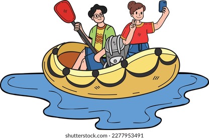 couple taking selfie on boat illustration in doodle style isolated on background