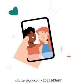 Couple Taking A Selfie On Smartphone In Flat Vector Illustration Symbolizing Love, Connection, And Digital Memories, Isolated On White Background