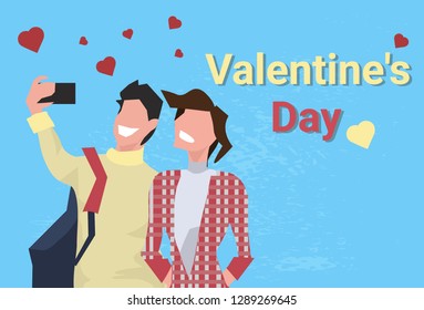 couple taking selfie photo happy valentines day holiday concept man woman using smartphone camera heart shapes male female characters portrait greeting card horizontal