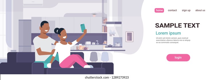 couple taking selfie photo on smart phone african american man woman sitting on couch happy lovers modern kitchen interior male female cartoon characters copy space horizontal