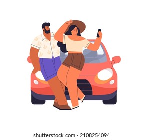 Couple taking selfie photo with smartphone near car on summer holiday trip. Happy man and woman with mobile phone during weekend travel. Flat vector illustration isolated on white background