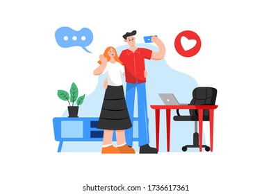 A couple taking selfie in a room 