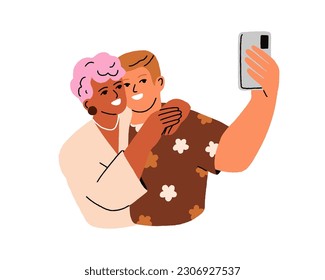 Couple taking selfie, self portrait photo with mobile phone camera. Happy woman and man smiling together, holding smartphone for photograph. Flat vector illustration isolated on white background