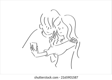 Pareja tomando un selfie con un vector de dibujo de una cámara de smartphone