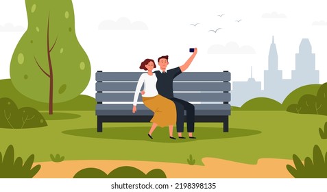 Couple taking selfie with smartphone outdoors in park. Vector couple selfie in park illustration