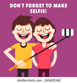 Couple taking selfie with selfie stick. Cartoon characters. Fully editable vector illustration.