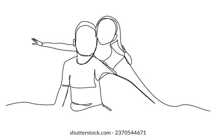 Pareja tomando un selfie mientras viaja, una línea de arte libre ilustración vectorial dibujada a mano.