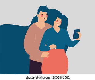 Couple taking selfies on a mobile. man and woman dating and occupied with their smartphones to chat, take pictures, share on social media. Concept of social network addiction, love, relationships.