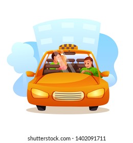 Couple taking taxi flat illustration. Confused yellow cab driver with kissing newlyweds. Curious situation. Carpooling, car sharing service. Just married going to airport on taxi cartoon character