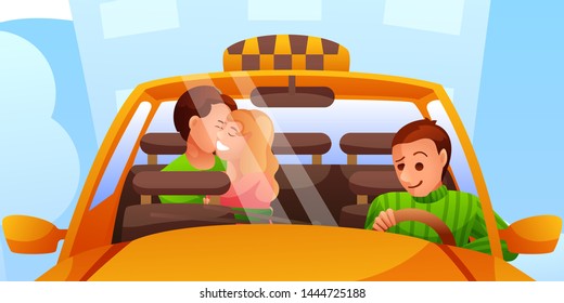 Couple taking taxi flat illustration. Confused yellow cab driver with kissing newlyweds. Curious situation. Carpooling, car sharing service. Just married going to airport on taxi cartoon character