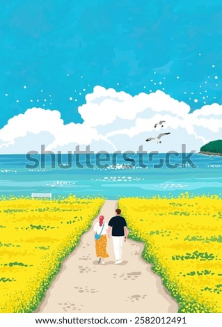 A couple taking a walk through the canola flower garden paths with a view of the blue sea
