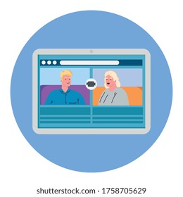 couple talk to each other on the tablet device screen, conference video call vector illustration design