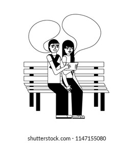 couple talk making selfie sitting on bench