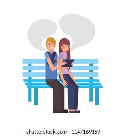 couple talk making selfie sitting on bench