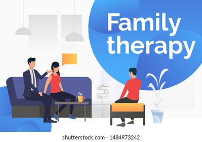 Couple talking about problems with psychologist vector illustration. Counseling, psychotherapy, consultation. Family therapy. Can be used for webpages, presentations, posters