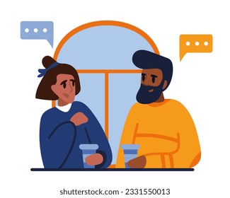 Couple talking and drinking coffee. Modern online and live communication. Male and female characters communicate with each other through Internet and in reality. Flat vector illustration