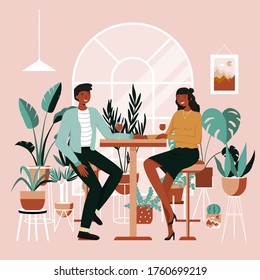 Couple talking and drinking wine in cafe. Romantic date at bar. Pub table and chairs. Urban jungle banner, card print. Interior plants decor elements. Winter garden. Tropical leaves, monstera, cacti