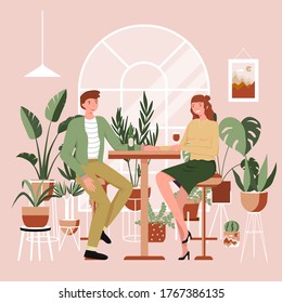 Couple talking and drinking wine in cafe. Romantic date at bar. Pub table and chairs. Urban jungle banner, card print. Interior plants decor elements. Winter garden. Tropical leaves, monstera, cacti