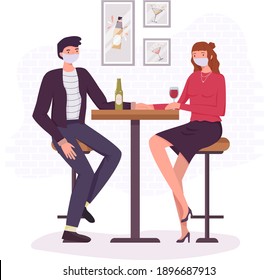 Couple talking and drinking wine in cafe. Romantic date at bar. Pub table and chairs. Love in pandemic reality. Young guy, beautiful girl wearing face mask, relationship, intimacy. New normal