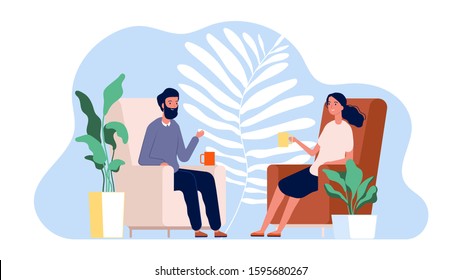 Couple talking. Family home time. Man and woman sitting on armchairs with drinks vector illustration