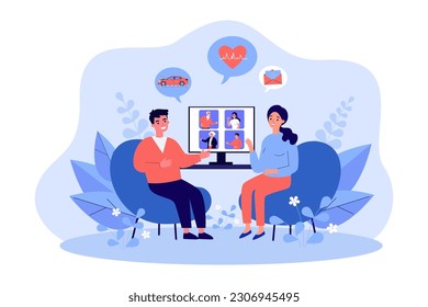 Couple talking to family via computer vector illustration. Cartoon drawing of man and woman chatting with relatives or friends on video call, speech bubbles. Communication, technology concept