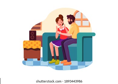 Couple talking and listening to smart speaker at home