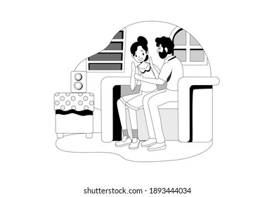 Couple talking and listening to smart speaker at home