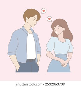 Casal falando com amor. Namorado e namorada se olhando. Se apaixonar. Forma do coração na bolha de fala atrás. Desenhado à mão ilustração de vetor de personagem plano de desenho animado. 