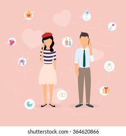 Couple talking on a cell phone. Cartoon man and woman in love. Set of love, romantic and family icons. Romantic communication of people in love. Flat vector design.