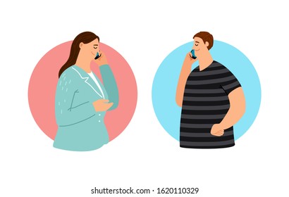 Couple talking on phone. Everyday dialogue, communication on smartphone. Mother and son, girl and guy communicate on cell phone vector illustration