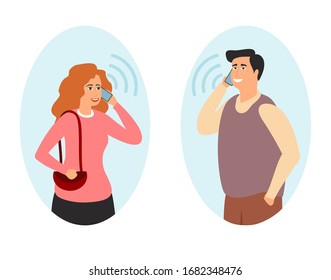 Couple talking on phone. Everyday dialogue, communication on smartphone. Man and woman, girl and guy communicate on cell phone vector illustration