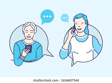 Couple talking on phone vector illustration. Young people using smartphone, calling cartoon character with outline in blue color. Businessman and woman having telephone conversation, friendly dialog