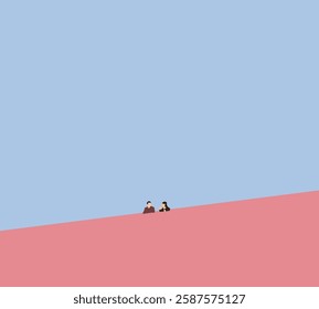 Couple talking on rooftop on urban city pink building under blue sky. Outdoor to relax on holiday vacation