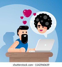 Couple Talking Over Internet Digital Romance People in Love Valentine’s Day Romantic Chat Flat Vector Art Design Illustration