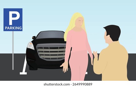 Couple talking in parking lot. vector