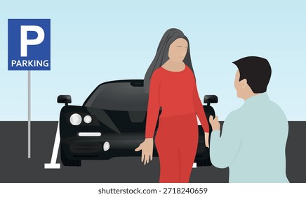 Couple talking in parking lot. vector