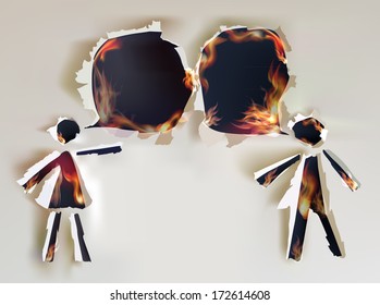 Couple talking, Ripped paper collection and flames