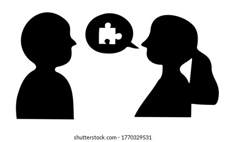 Pareja hablando con la burbuja del habla con una pieza de rompecabezas. Vector. Silhouette. Icono.