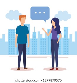 couple talking with speech bubbles in the city